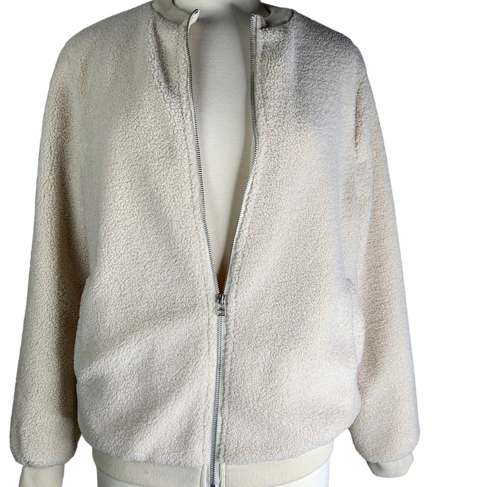 Ivory Sherpa Bomber Jacket Lined Full Front Zipper Soft Wrists & Collar Sz Large